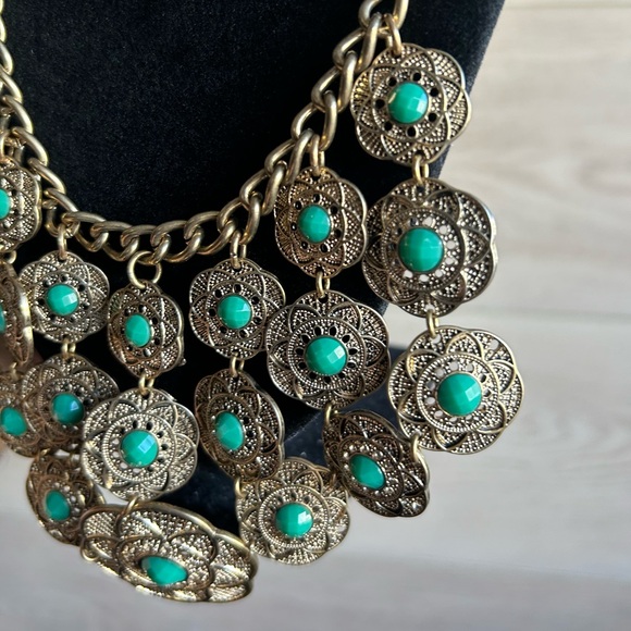 Vintage Tribal Statement Faux Turquoise Bib Necklace, adjustable up to 20” - Picture 5 of 8